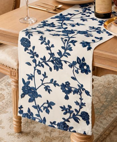 Miss Adola Embroidered Canvas Table Runner 13"x72", Blue and White