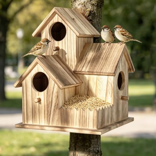Large Wooden Bird House for Outside, 3-Hole Birdhouse, Outdoor Bird Nesting Box for Bluebird Chickadee Finch Wren, Perfect for Garden Courtyard Decoration
