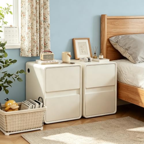 BOSHIRO 16″Narrow Nightstand Slim Bedside Tables Set of 2,White