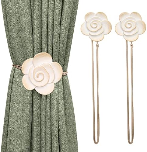 Lewondr Magnetic Curtain Tiebacks, Flower Vintage Curtain Holdbacks, Beige