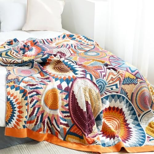Boho Throw Blanket for Bed 100% Cotton Bohemian Blankets Ultra Soft Woven Muslin Decorative Blankets All Seasons Vintage Quilt Knitted Blanket for Sofa Chair (Colorful, 60"x80")