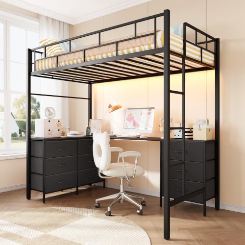 Twin Size Loft Bed with L-Shaped Desk and Storage, Black