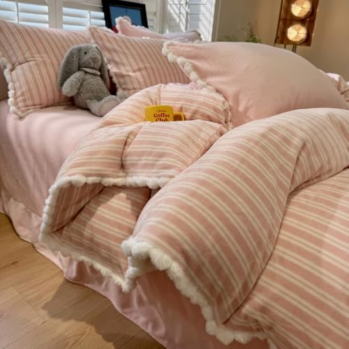 AOJIM Milk Velvet Duvet Cover Set Queen 3-Piece Retro Pink Striped Bedding