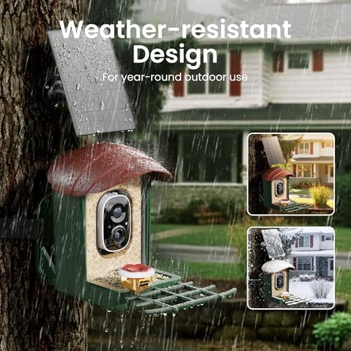 HEAPETS Bird Feeder with Camera Solar Powered, 3K HD Video, AI Bird Recognition, Auto Capture with Instant Notifications, IP65 Weatherproof, Gifts for Seniors Bird Watchers, Brown