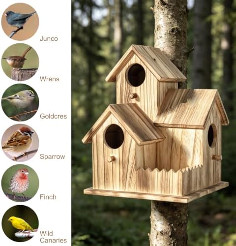 Large Wooden Bird House for Outside, 3-Hole Birdhouse, Outdoor Bird Nesting Box for Bluebird Chickadee Finch Wren, Perfect for Garden Courtyard Decoration