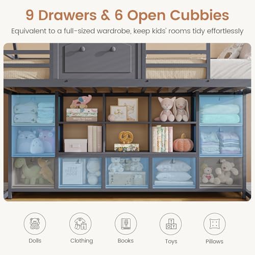 Twin Size Low Loft Bed with 9 Storage Drawers, Bookcase and LED Lights, House-Shaped Metal Twin Loft Bed with Step Stool and Safety Guardrail, Kids Loft Bed with Under-Bed Play Space, Grey