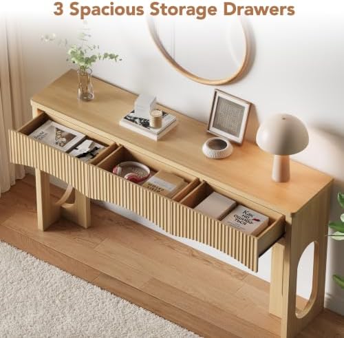 63" Fluted Console Table with 3 Storage Drawers,Oak