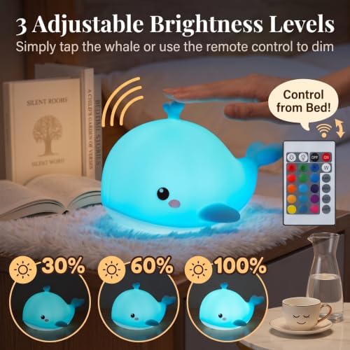 Whale Night Light, Dimmable Animal Lamp, Touch, Remote & Timer