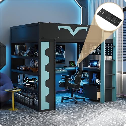 Merax Full Size Loft Bed with Desk & RGB Lights, Wooden Pro-Gamer Bed with Power Outlet, Large Bookshelf, Pegboard, Keyboard Tray & Storage Drawer
