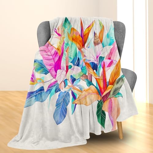 Tropical Leaf and Floral Blanket, Soft, Cozy, Lightweight Flannel Throw Blanket - Ideal for Couch, Bed, Travel, Fuzzy Decorative Home Decor for Indoor and Outdoor Use 50"x40"
