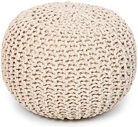· REDEARTH · Round Pouf Ottoman - Hand Knitted Boho Poof Footrest - Ivory