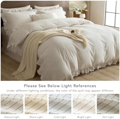 3PCs Washed Cotton Striped Ruffle Duvet Cover Set Queen Size,White Dark Grey Wide Stripes Ruffled Bedding Quilt Cover Extra Soft Lightweight Farmhouse Chic Comforter Cover Set with Pillow Shams