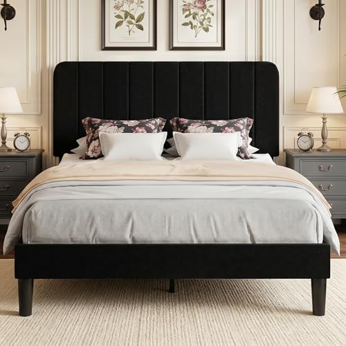 VECELO Queen Size Bed Frame with Upholstered Headboard, Velvet Platform Bedframe Mattress Foundation, Strong Wood Slat Support, No Box Spring Needed,Black