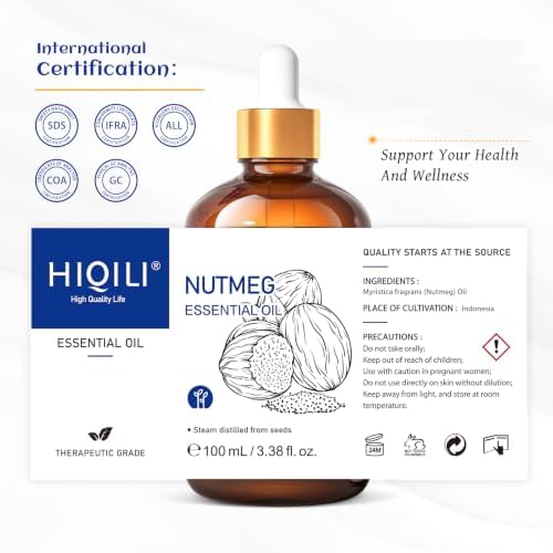 HIQILI Nutmeg Essential Oil for Aromatherapy Diffuser,Massage & Skin Care