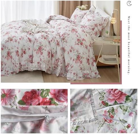 3 Pieces Ruffle Duvet Cover Set Full(80"x90"), Red Rose Flower