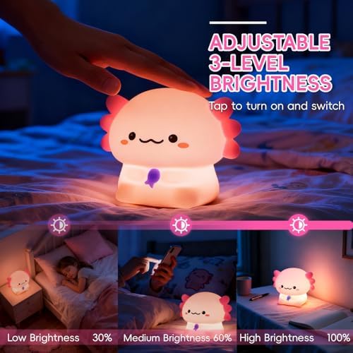 Axolotl Night Light for Kids, Rechargeable Lamp with Timer, Cute Room Decor