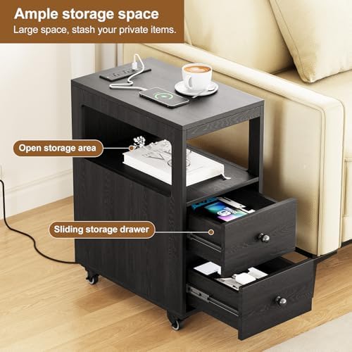 Narrow End Table with Charging Station and Wheels, Movable Narrow Sofa Side Table with USB Ports and Outlets for Small Space, Living Room, Bedroom and Office, Bedside with 4 Wheels (Black)