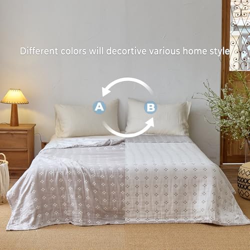 Checkered Flower Muslin Blanket for Sofa 60"×80" Grey/Off White
