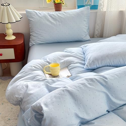 LifeTB Blue Duvet Cover Full Size, Polka Dot Duvet Cover with 2 Pillowcases, 100% Muslin Cotton Breathable Gauze Comforter Cover, Aesthetic Coquette Polka Dot Bedding Set for All Seasons
