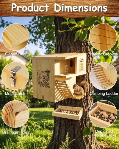 Squirrel House with Feeding Bowl, 16.5" Large Heavy Duty Weatherproof Solid Wood Squirrel Nesting Box with Porch, Ladder & Anti-Predator Latch, Fun Family DIY Assembly Kit Gift, Backyard Outdoor Decor