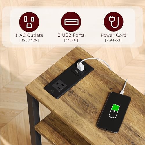 Narrow Side Table with Charging Station Slim End Table Sofa with Magazine Rack, Bedside Table for Small Spaces, 3 Tier Nightstand for Living Room Couch, Bedroom Walnut Brown LET503BRE
