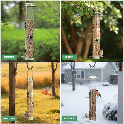 MIXXIDEA 1PK Metal Bird Feeders with 6 Feeding Ports,Tube Bird Feeder with Steel Hanger,Hard Plastic Wild Bird Feeder for Outdoors Hanging, Attracting Birds in Your Lawn, Garden, Balcony–Bronze