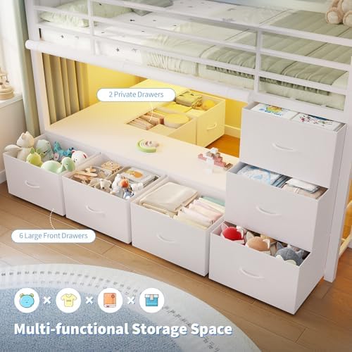 DICTAC Low Loft Bed Twin Size with 8 Storage Drawers, LED Lights, Twin Loft Bed with Upholsterd Headboard, Inclined Ladder&Play Curtain, Kids Loft Bed with Safety Guardrail, Under-Bed Play Area, White