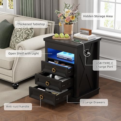 Farmhouse Nightstand with Gun Drawer,Bedside Table with Charging Station and Human Body Senor,3 LED Lights Night Stand with 3 Drawers and Open Shelf,End Side Table for Bedroom(Black)
