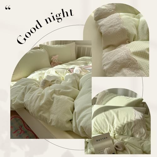mixinni Green White Gingham Duvet Cover Twin XL Size - 3 Piece Cottagecore Plaid Bedding Set with Lace Trim, Soft Washed Microfiber Vintage Aesthetic Grid Comforter Cover & Pillow Shams