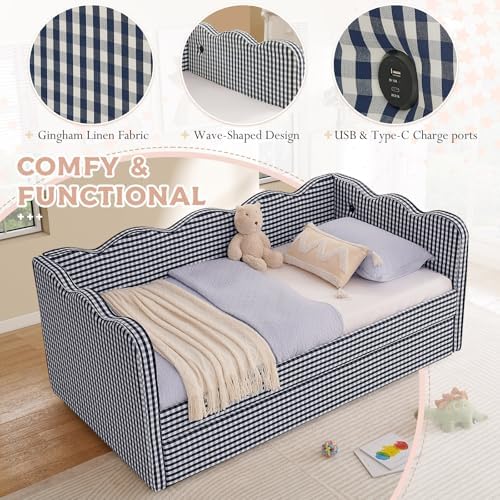 Twin Size Daybed with Pop Up Trundle, Linen Gingham Twin to King Daybed with USB Ports, Upholstered Day Bed Frame, Modern Sofa Bed for Bedroom/Living Room/Guest Room, No Box Spring Needed, Navy