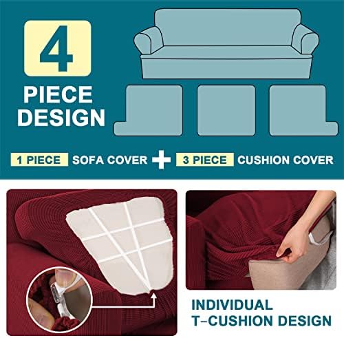 Turquoize 4 Piece T Cushion Sofa Slipcovers Stretch Couch Cover Furniture Covers with 3 Individual T Cushion Covers, Machine Washable (3 Cushion Sofa, Burgundy)