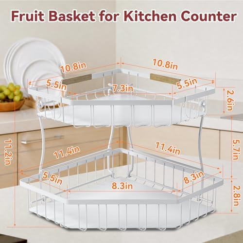 2 Tier Fruit Basket for Kitchen Counter with 2 Banana Hangers for Corner