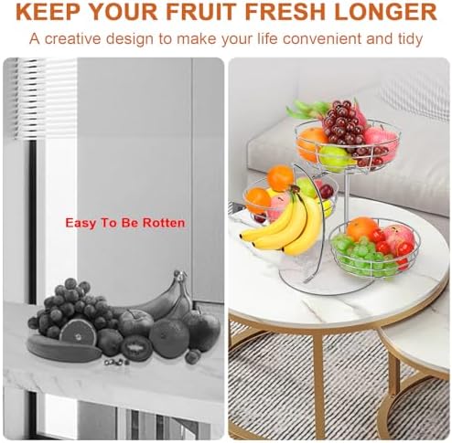 Livabber Fruit Basket Bowl with Banana Hanger, Metal Fruit Vegetable Storage Basket with Banana Holder for Kitchen Counter, Detachable Organizer for Bread Snack Produce (Chrome, 3-Tier Marble Base)