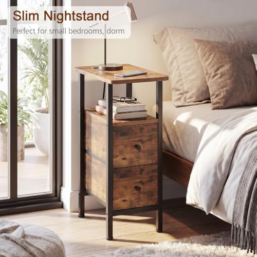 LOAKEKEL Narrow End Table with Charging Station, Small Nightstand