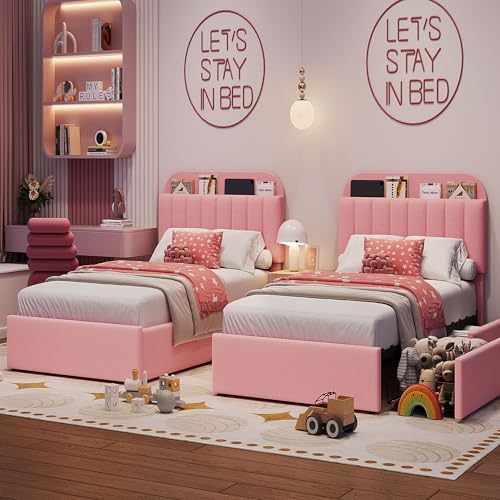 IDEALHOUSE Twin Bed Frame for Kids, Boucle Upholstered Platform Bed for Girls with 2 Flexible Drawers, Bookcase Headboard, Noise-Free, Easy Assembly, No Box Spring Needed, Pink