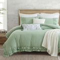 Bedorm Sage Green Ruffled Duvet Cover King Size Bedding Set Pleated Lace Ruffle Shabby Chic Bedroom Decor Extra Soft Cozy Farmhouse Country Style Duvet Cover Sets