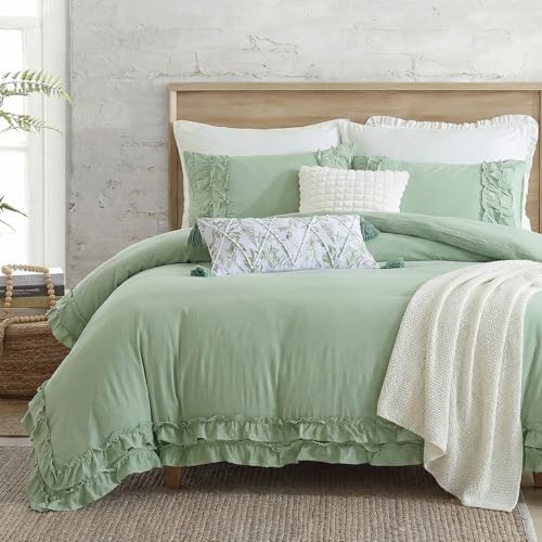 Bedorm Sage Green Ruffled Duvet Cover King Size Bedding Set Pleated Lace Ruffle Shabby Chic Bedroom Decor Extra Soft Cozy Farmhouse Country Style Duvet Cover Sets