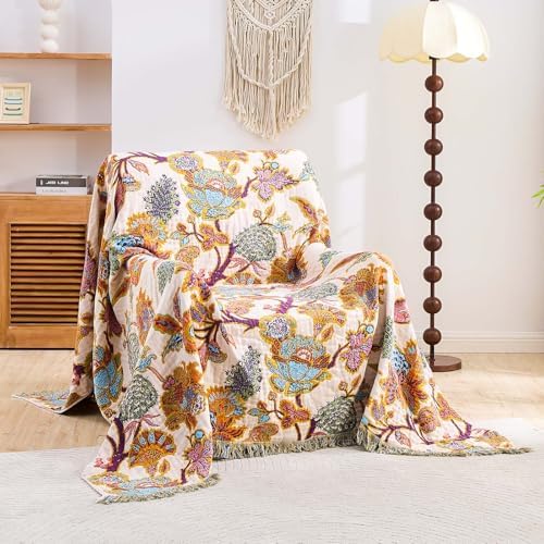 XIBLC Boho Throw Blanket for Bed, 100% Cotton Soft Rustic Quilt Fall Blanket, 50"x60" Floral Printed Farmhouse Decor Bed Blankets, All Season Rustic Reversible Bohemian Throw Quilt