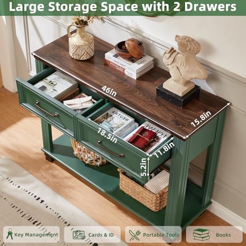 SAVOR LIFE 46" Farmhouse Console Table with Drawers, Green Entryway Table