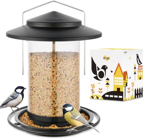 iBorn Metal Bird Feeders for Outdoors Hanging,Wild Bird Feeders for Cardinal,18cm Large Roof&Tray Black 6 Port (Seed is not Included)