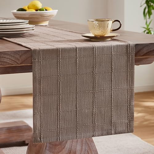 ZeeMart Linen Checked Farmhouse Table Runner, 13x108 Inches Cocoa Brown
