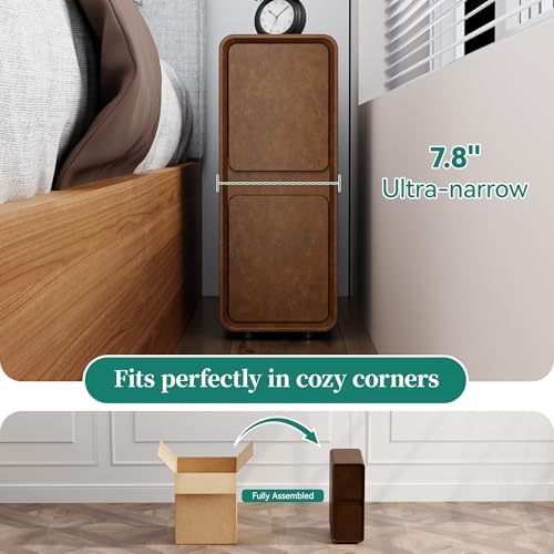 7.8" W Leather Narrow Nightstand Set of 2, Modern Fully-Assembled Bedside Table with 2 Drawers, White Night Stand Small Accent End Table & Side Table for Bedroom, Brown