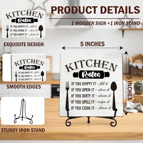 DETIHO Farmhouse Kitchen Decor, Rustic Kitchen Rules Sign Counter Decor