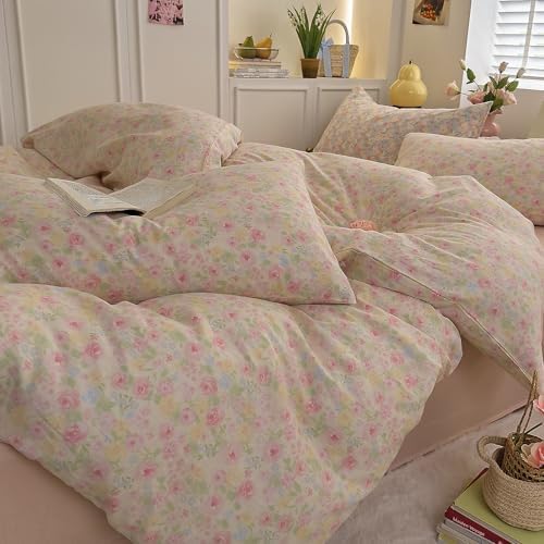 Floral Duvet Cover Set Queen Size Cotton Double Gauze Comforter Cover Queen Size Vintage Cottage Core Flower Soft Duvet Cover Set with Zipper Pattern Girly Bedding Set Boho Duvet Protector