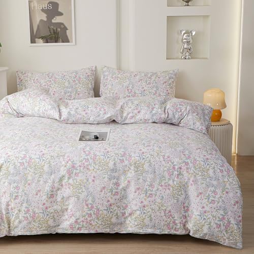 HighBuy Pink Floral Duvet Cover King,Durable 100% Cotton Comforter Cover Sets,Breathable Cottagecore Botanical Flowers Pattern Bedding Set for Women Girls,1 King Duvet Cover and 2 Pillowcases