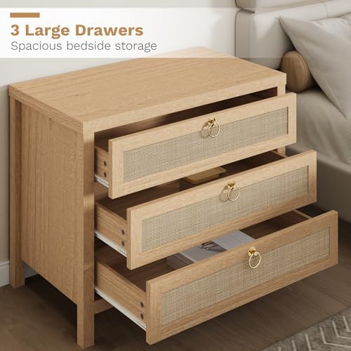 Eclatara Large Rattan Night Stand Set of 2 Boho Nightstand with 3 Drawers