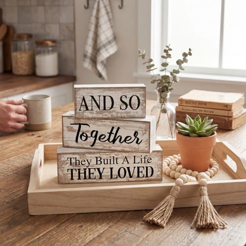 Yuntau 4 Pcs Farmhouse Table Centerpiece Wood Block Signs Tiered Tray Decor