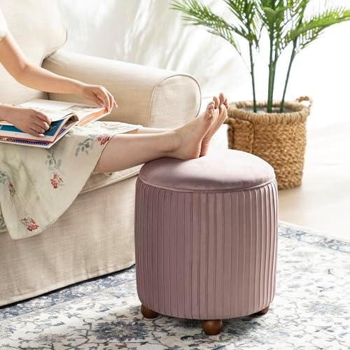 Glitzhome Round Ottoman with Storage Set of 2 Vanity Stool Foot Rest with Removable Lid Modern Upholstered Velvet Storage Ottoman Stool for Living Room and Dorm, Dusty Pink