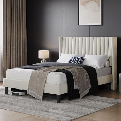 Yaheetech Full Bed Frame with Headboard, Ivory Channel-Tufted Platform
