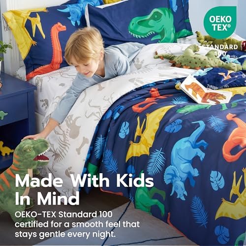 Joiedomi Kids Comforter Set Bedding Set for Boys Girls Super Soft Microfiber Bed in a Bag with Comforter Sheets Pillowcase Sham, Dark Blue Dinosaur, Twin